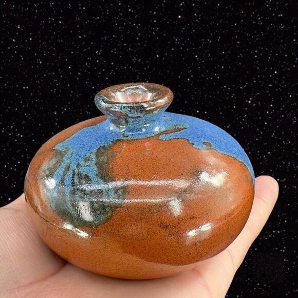 Vintage Hand Trown Art Pottery Bud Vase Signed Hand Made Ceramic Blue Red Drip - Picture 13 of 16